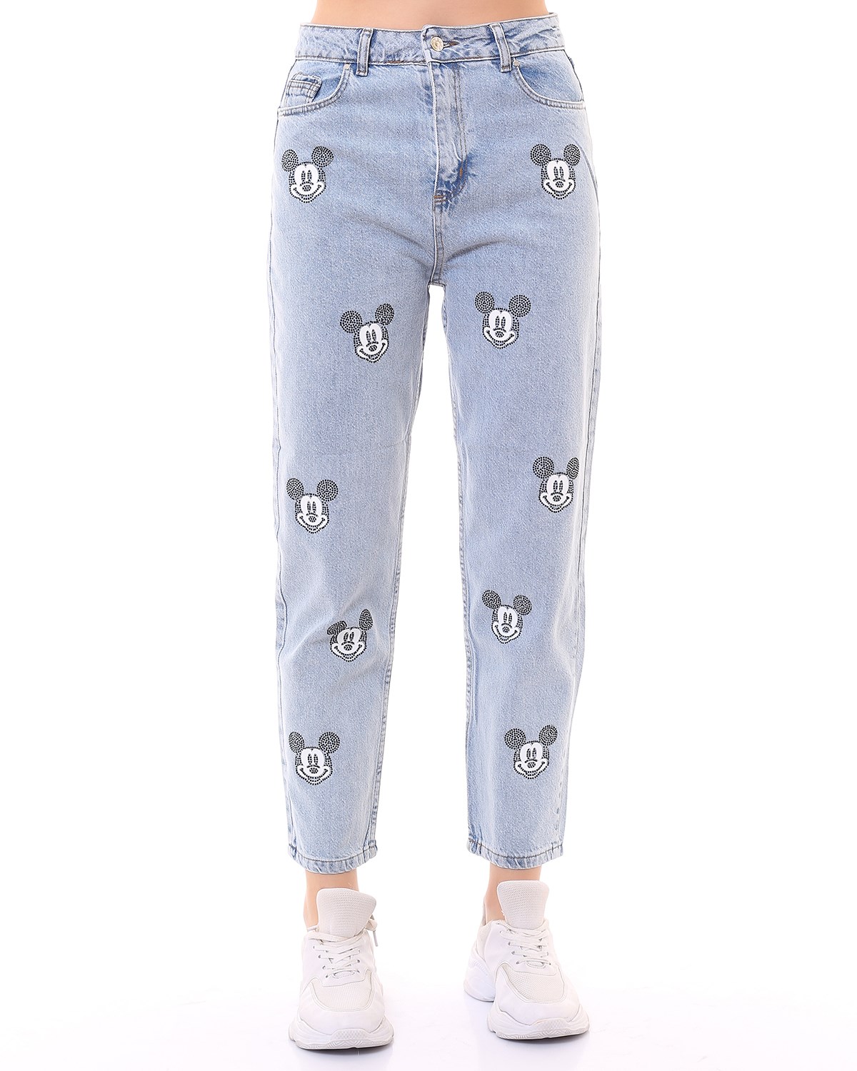 Mavi Taşlı ve Baskılı Mickey Mom Jean Pantolon