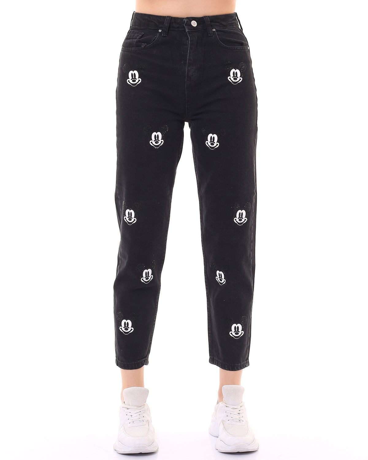 Taşlı ve Baskılı Mickey Mom Jean Pantolon