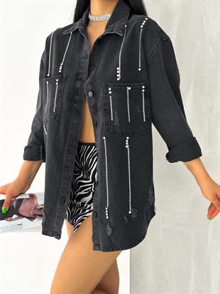   AsuArs design açık cepli siyah taşlı uzun ceket
