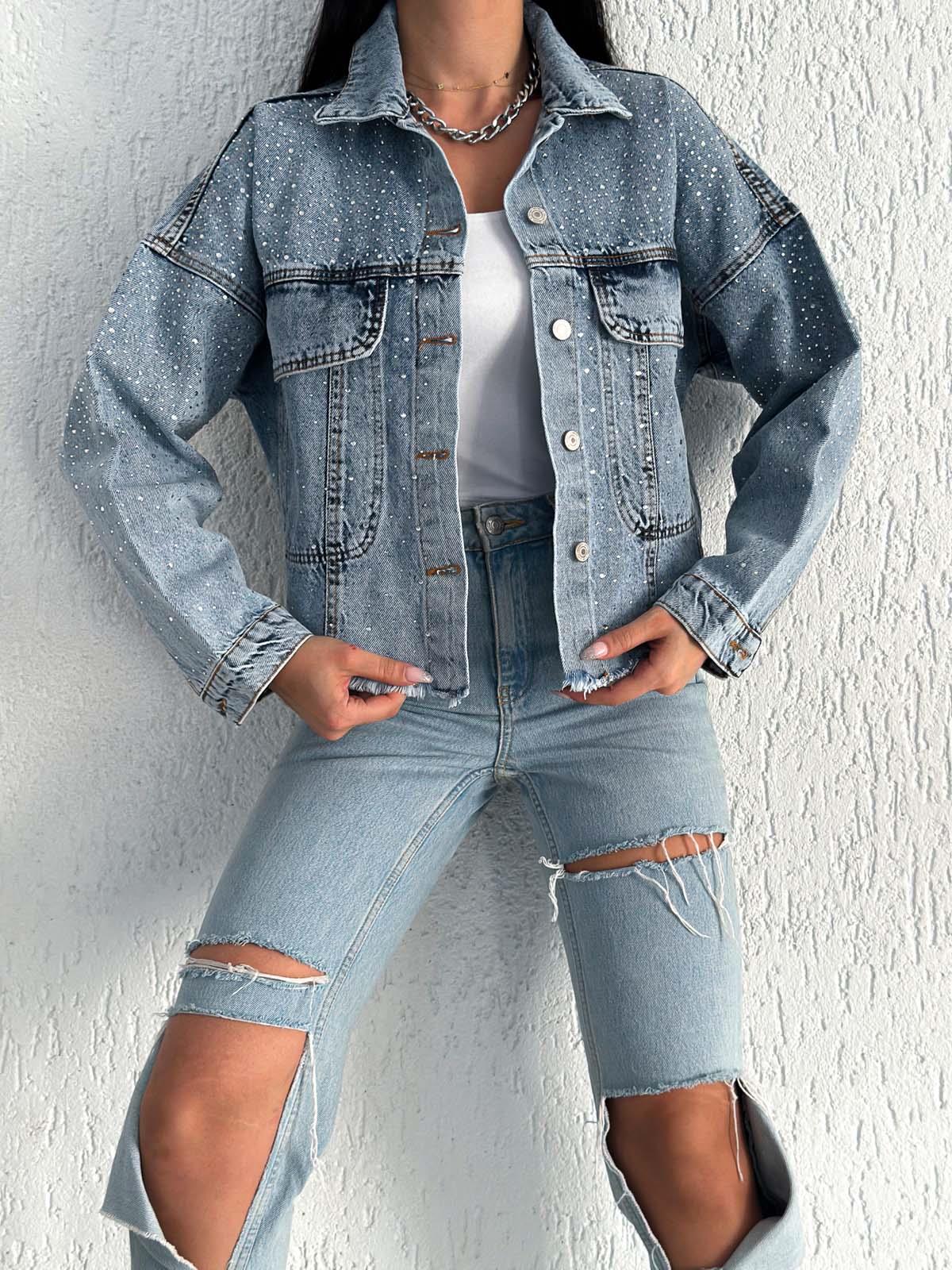   AsuArs design serpme taşlı geniş crop kot ceket