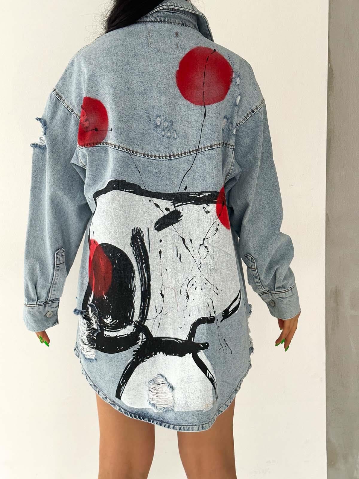   AsuArs design snoopy handmade baskılı uzun kot ceket