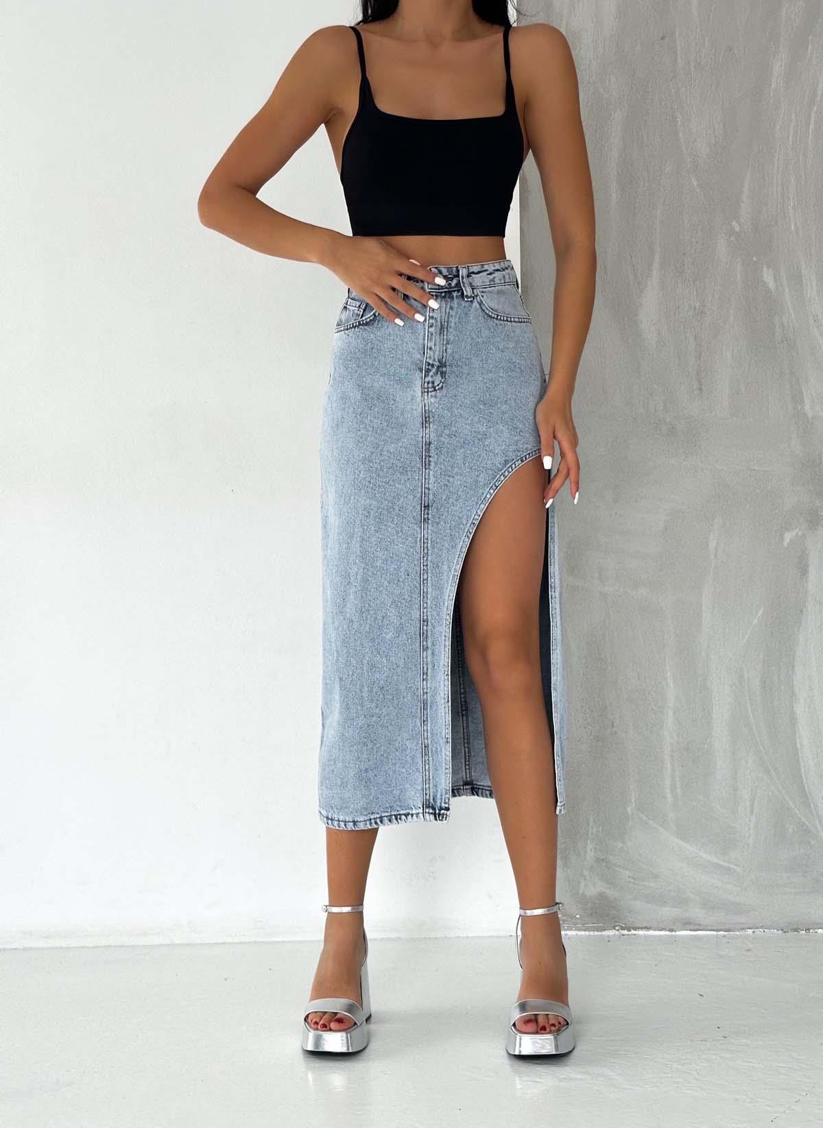  Mavi Yandan Derin Yırtmaçlı Uzun Denim Kot Etek