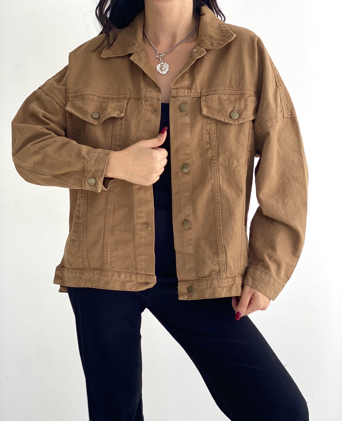  taba rengi yırtmaçlı oversize kot ceket
