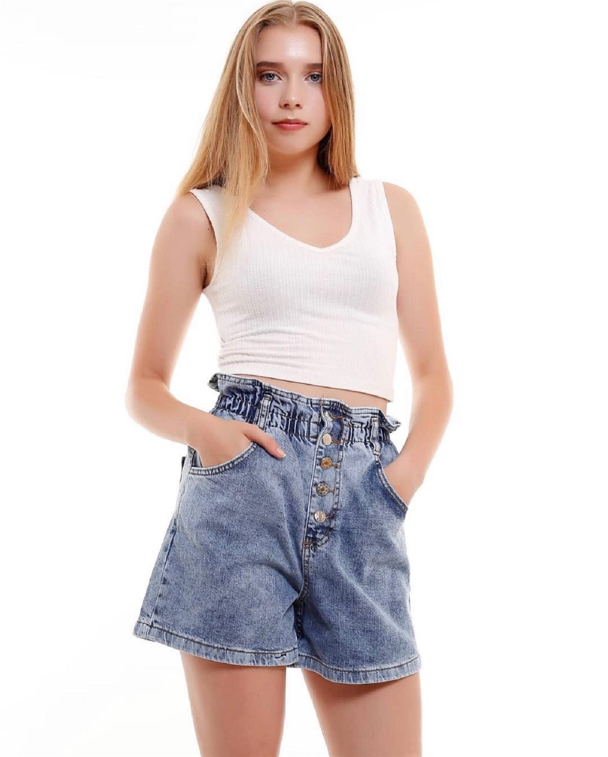 Koyu Mavi Beli Lastikli Kot Şort