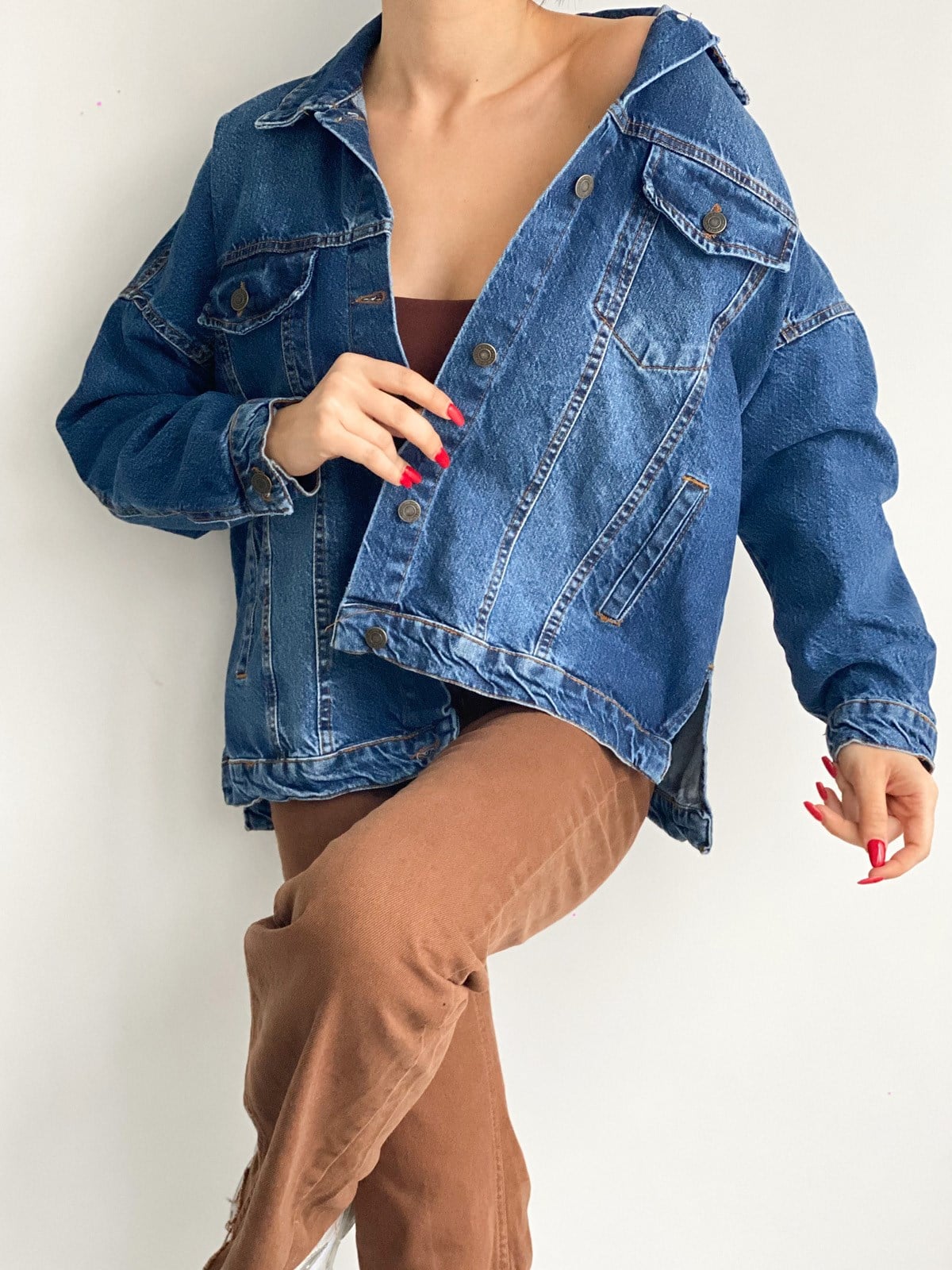 lacivert yırtmaçlı oversize kot ceket