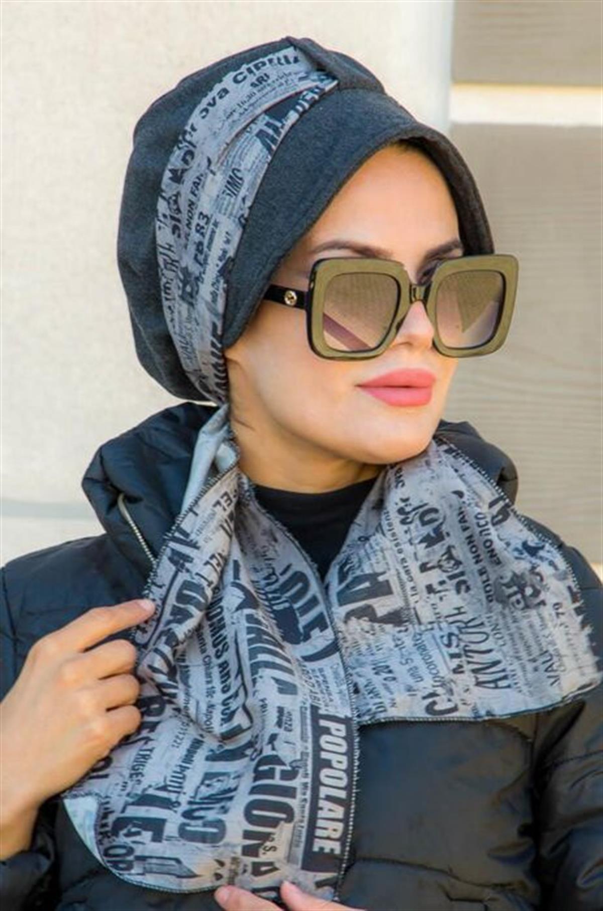 Antrasit Fularlı Şapka