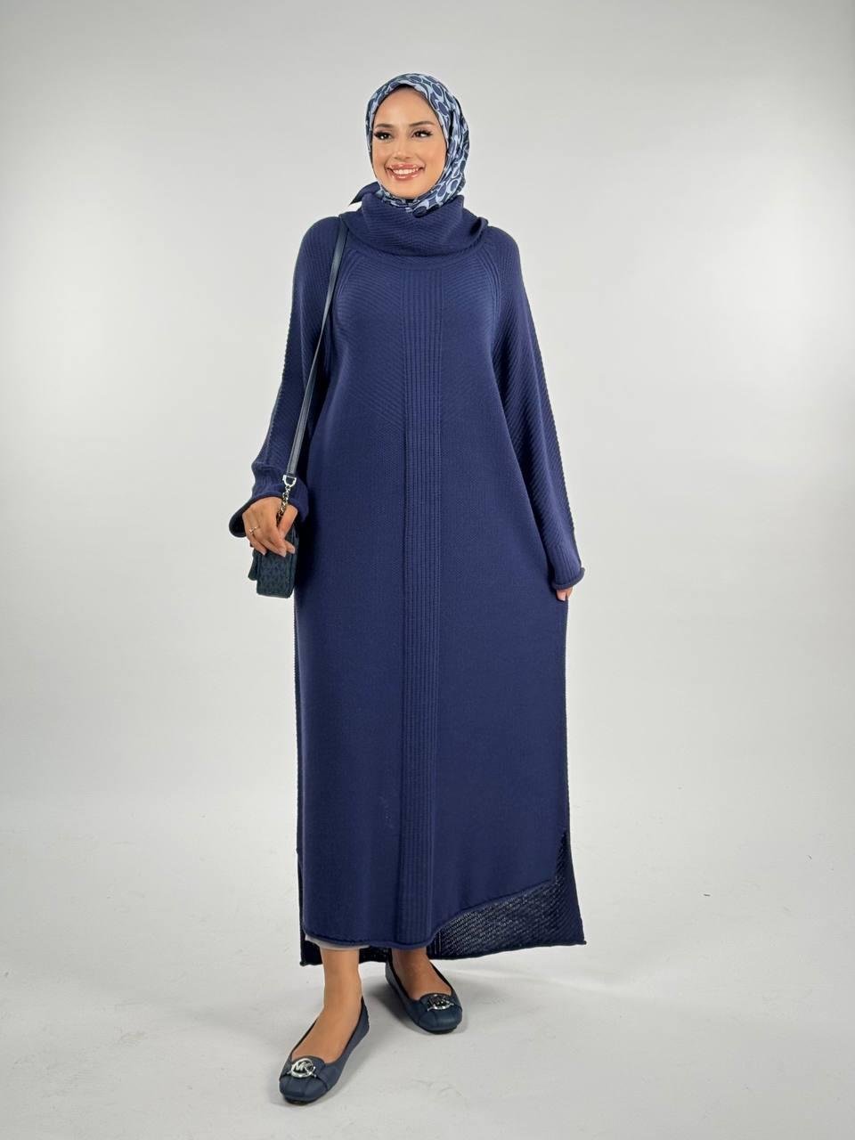 Boğazlı Triko Elbise Lacivert 