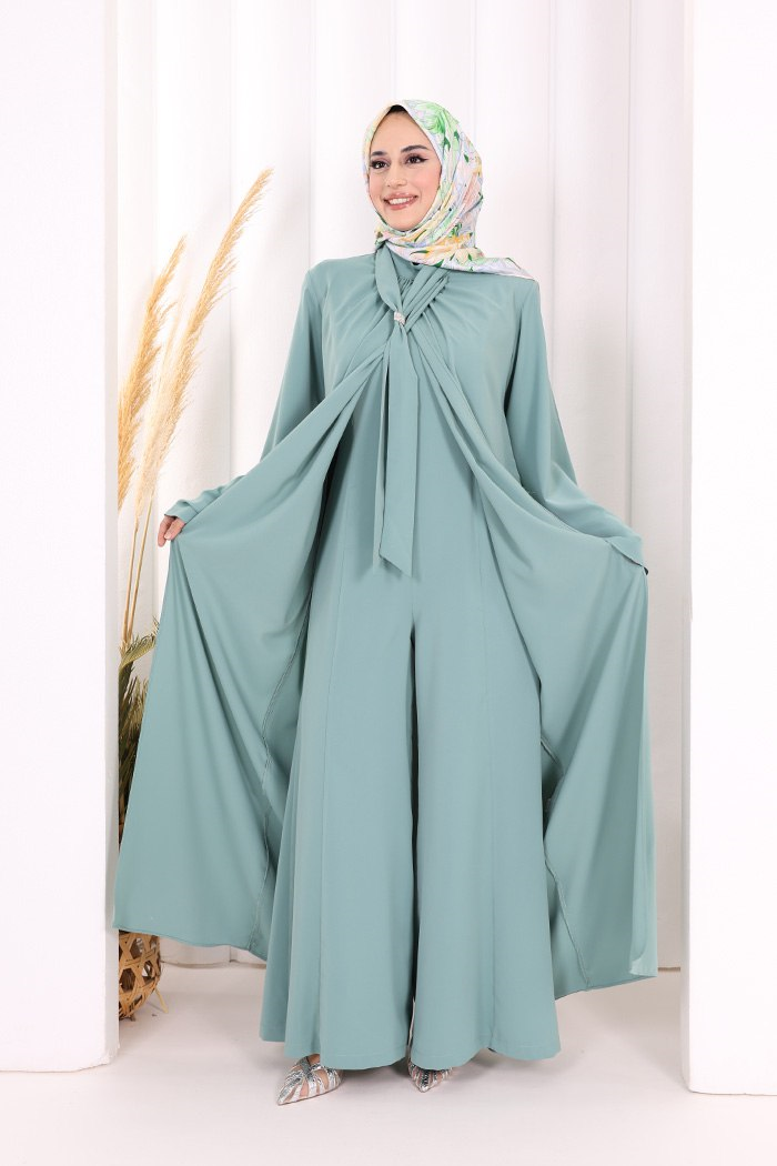 Broş Detaylı Tulum Abaya ve Takım Mint