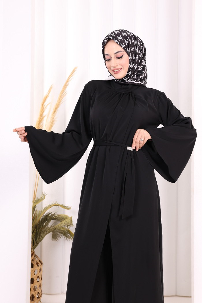 Broş Detaylı Tulum Abaya ve Takım Siyah