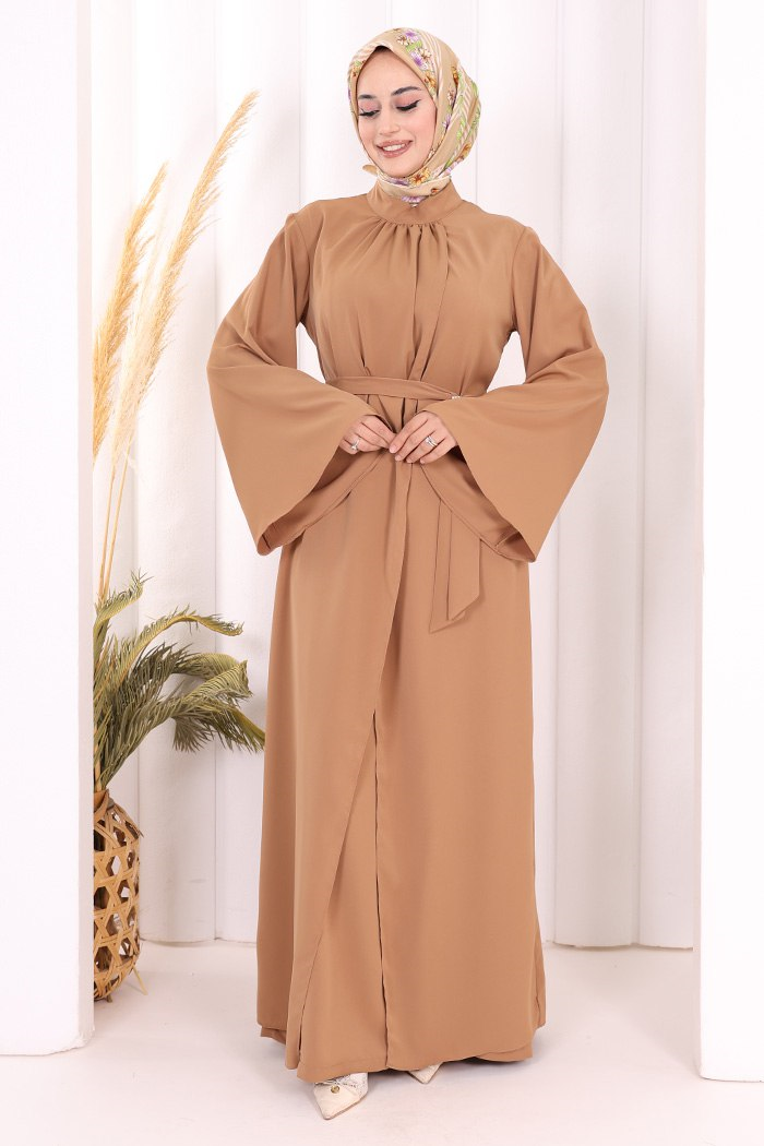 Broş Detaylı Tulum Abaya ve Takım Taba