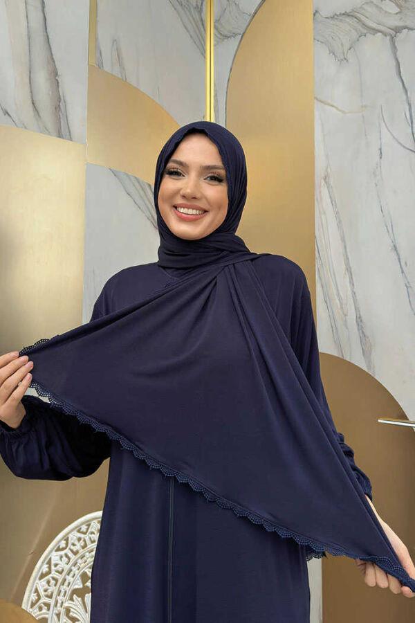 Dantel Detay Şallı Namaz Feracesi Lacivert