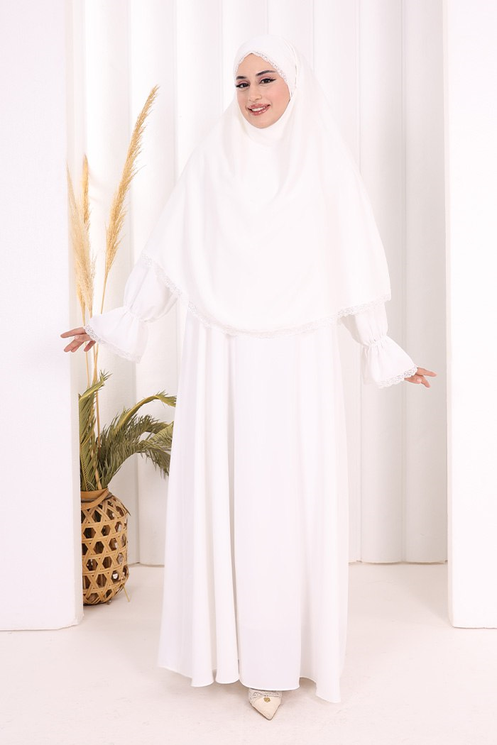 Dantelli Sufleli Elbise Beyaz