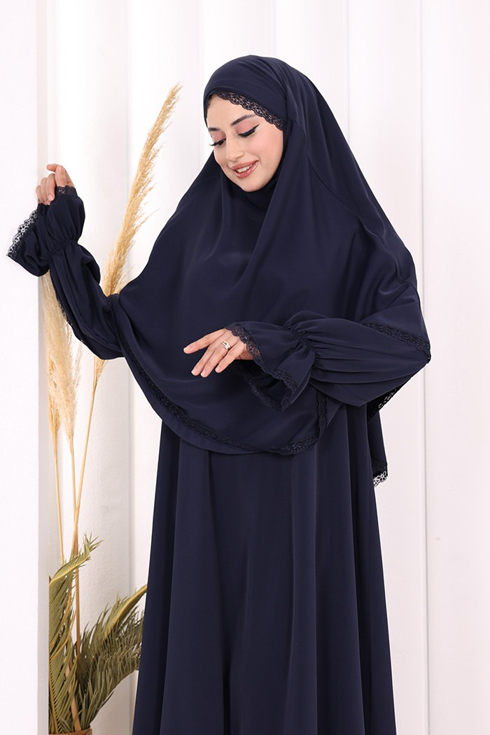 Dantelli Sufleli Elbise Lacivert