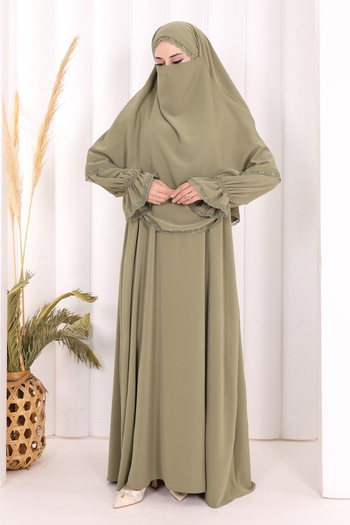 Dantelli Sufleli Elbise Mint Yeşili 