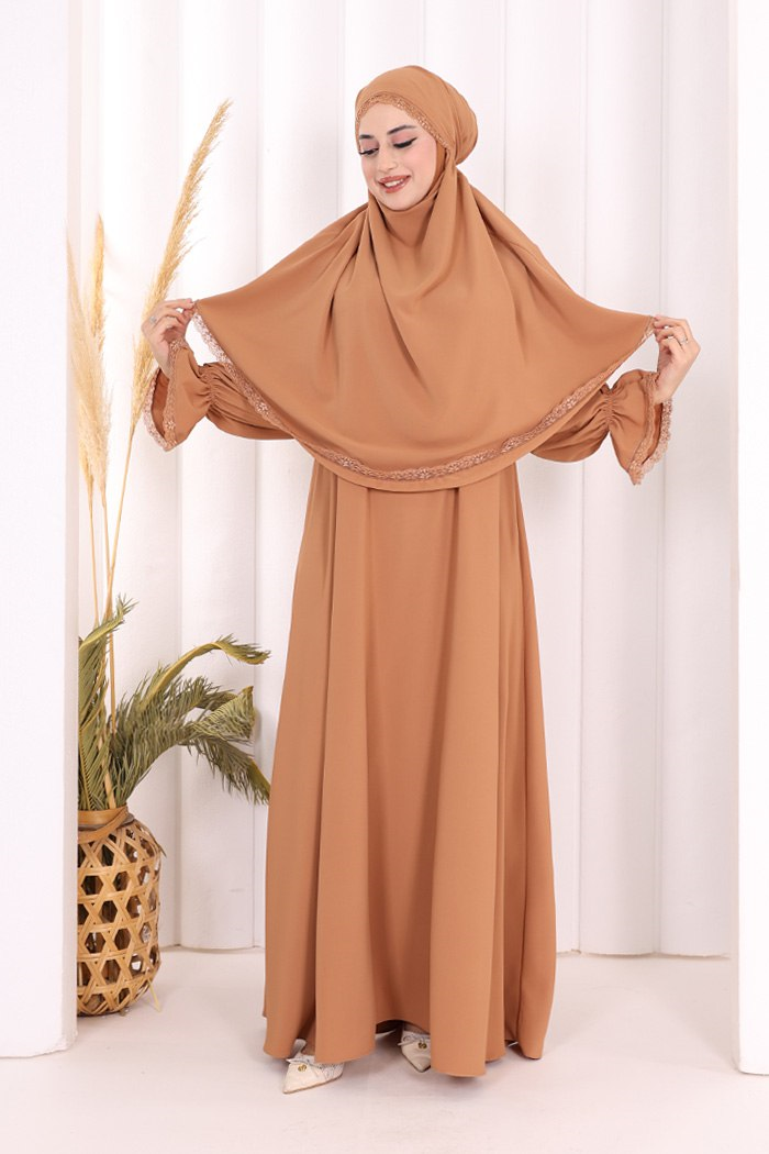 Dantelli Sufleli Elbise Taba