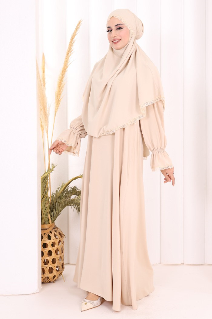 Dantelli Sufleli Elbise Taş 