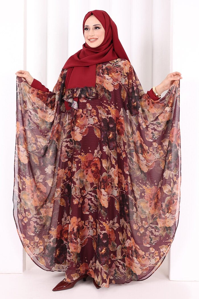 Desenli Şallı Elbise Mürdüm