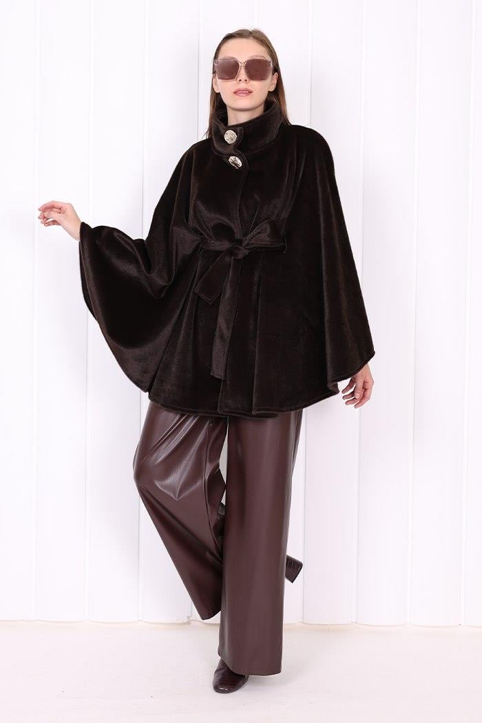 Düğmeli Panço Koyu Kahve