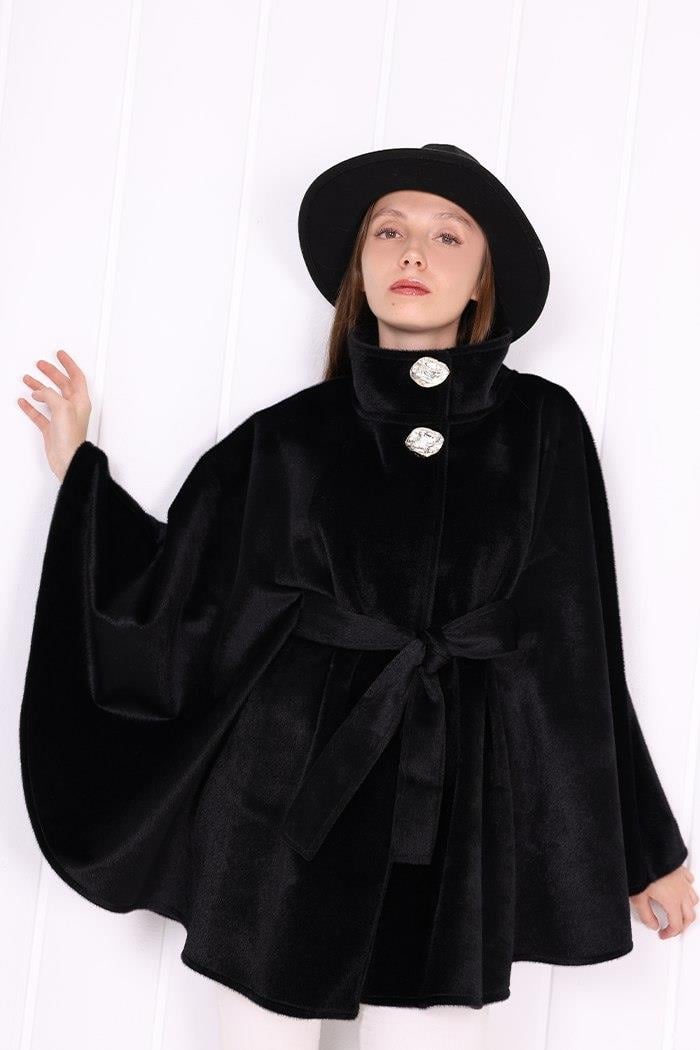 Düğmeli Panço Siyah