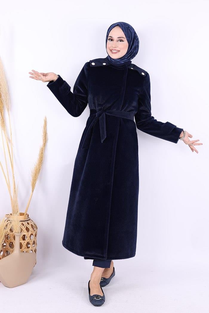 Düğmeli Uzun Kaban Lacivert 