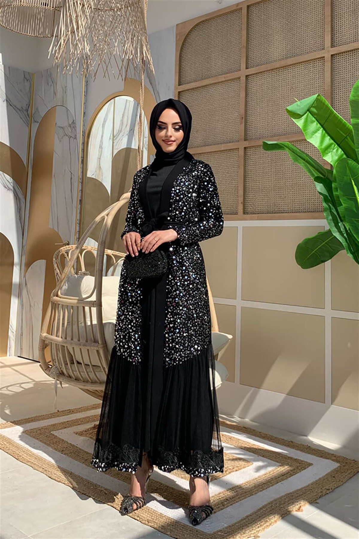Gümüş Payetli Abaya Takim