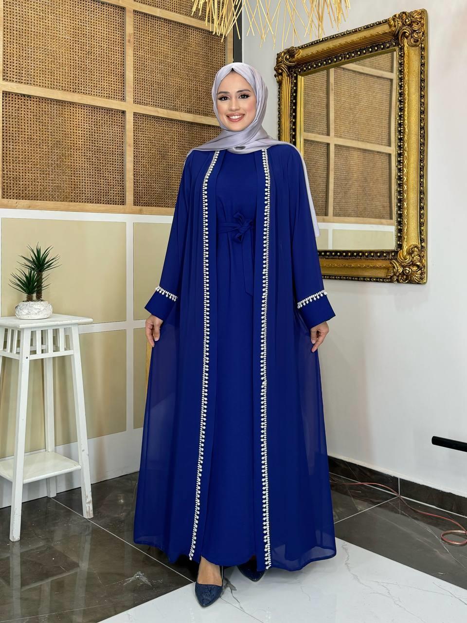 İncili Abaya Elbise Lacivert