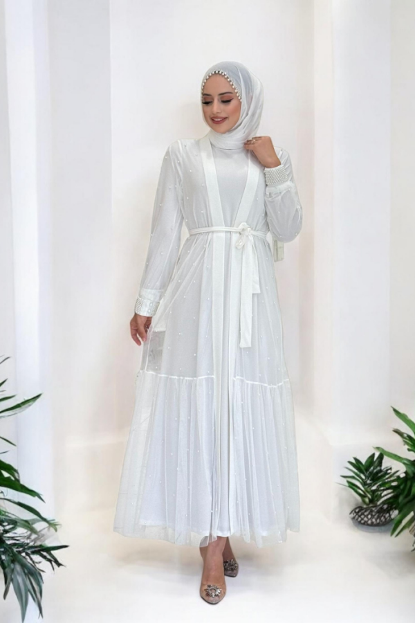 İnciLİ Abaya Elbise Takım Ekru 