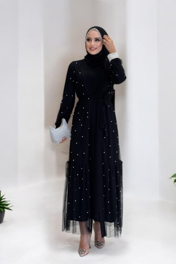 İnciLİ Abaya Elbise Takım Siyah