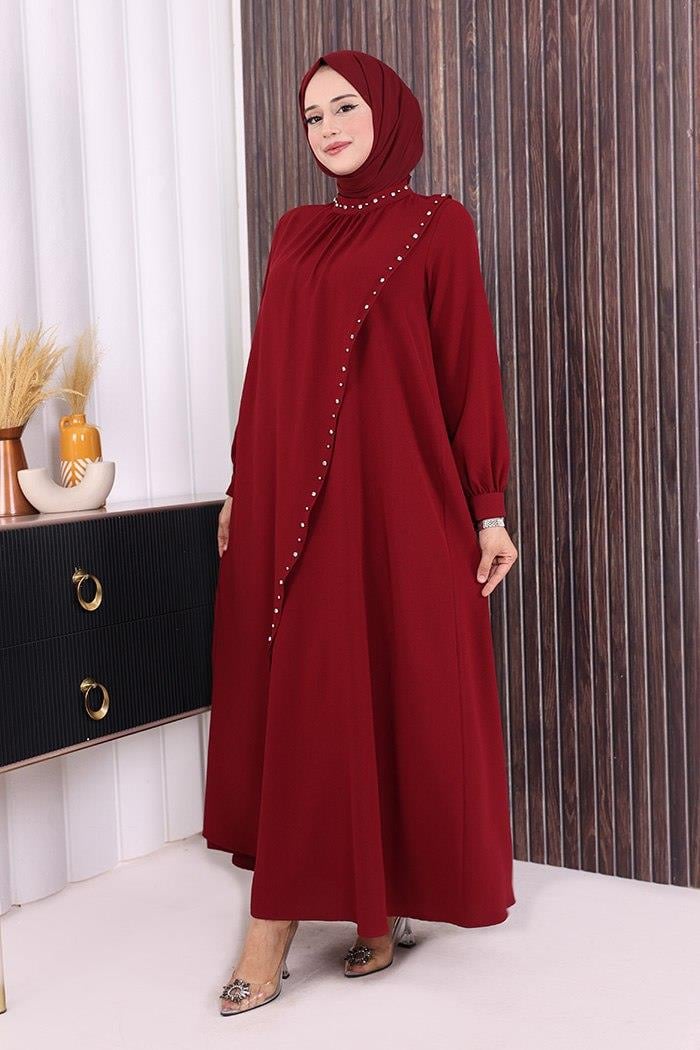 İncili Elbise Bordo