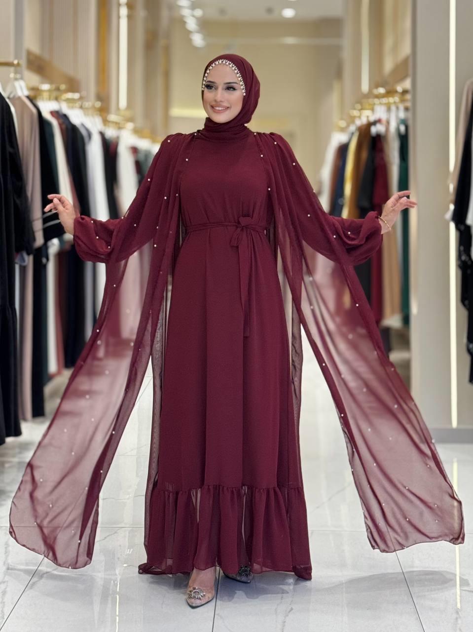 İncili Pelerinli Elbise Bordo