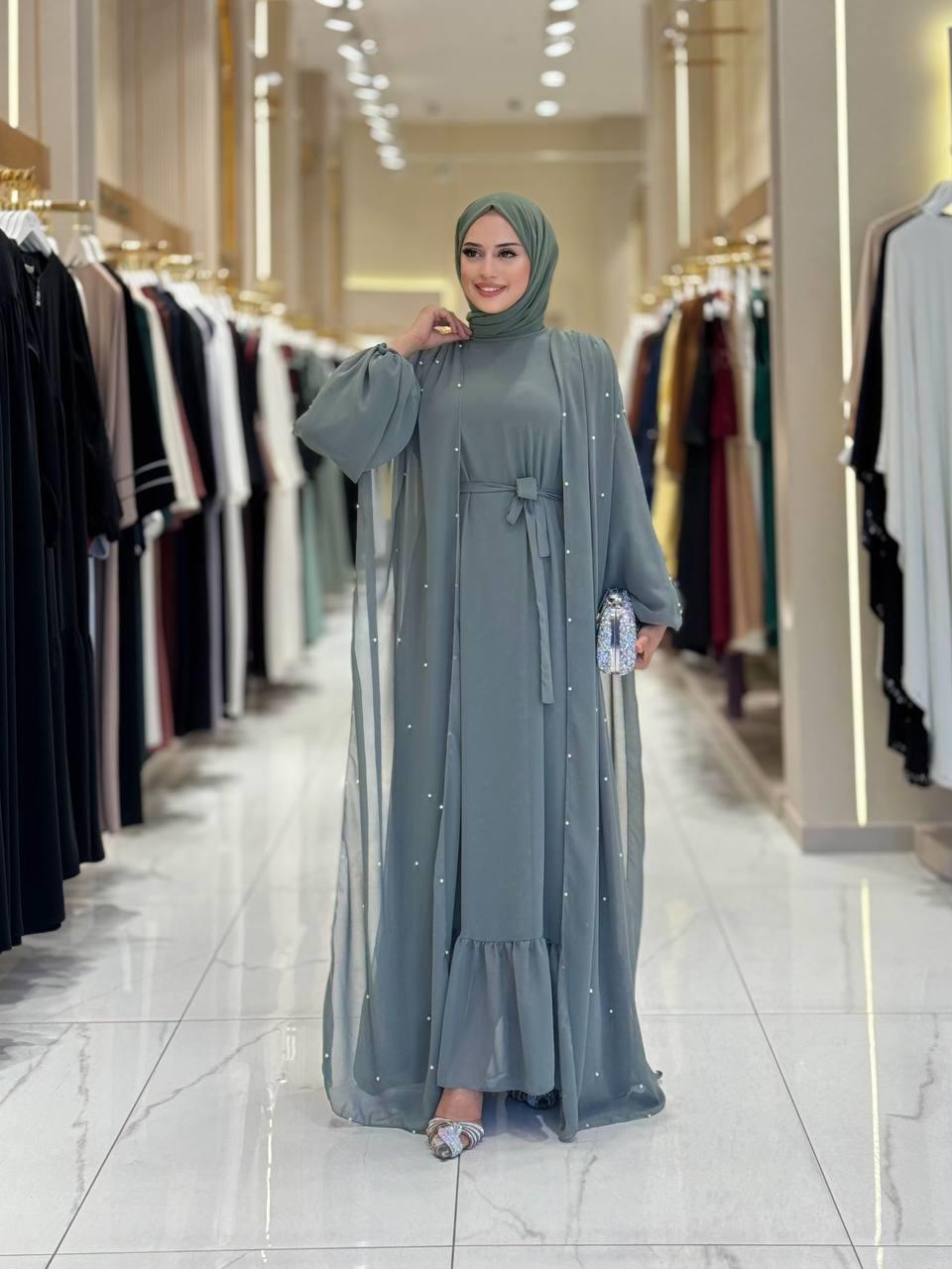 İncili Pelerinli Elbise Mint