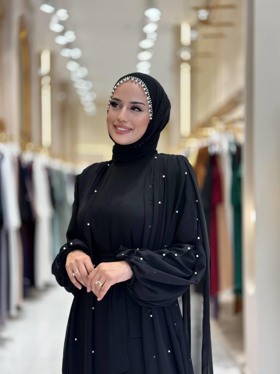 İncili Pelerinli Elbise Siyah