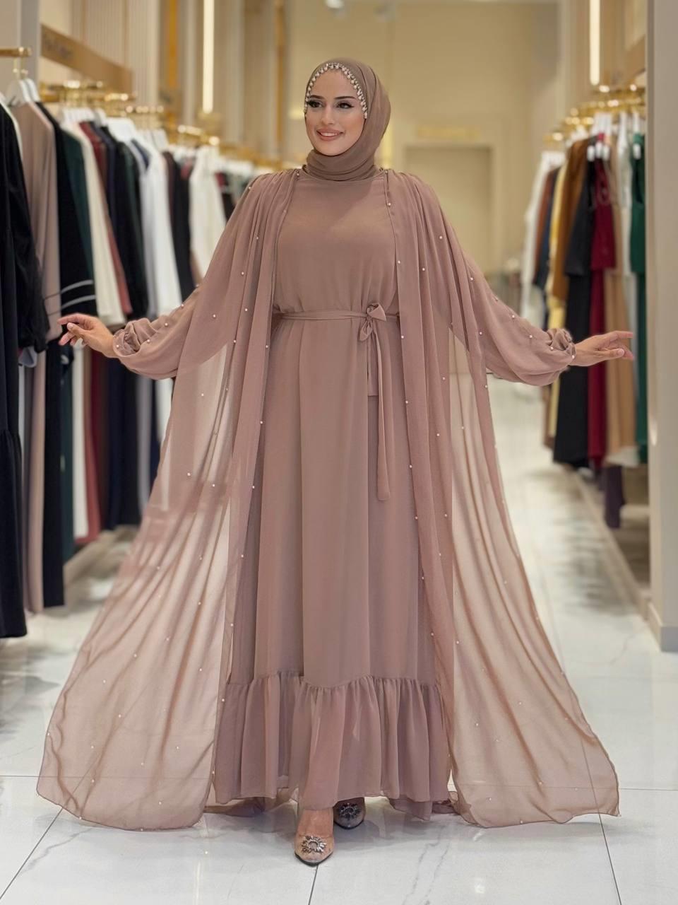 İncili Pelerinli Elbise Vizon