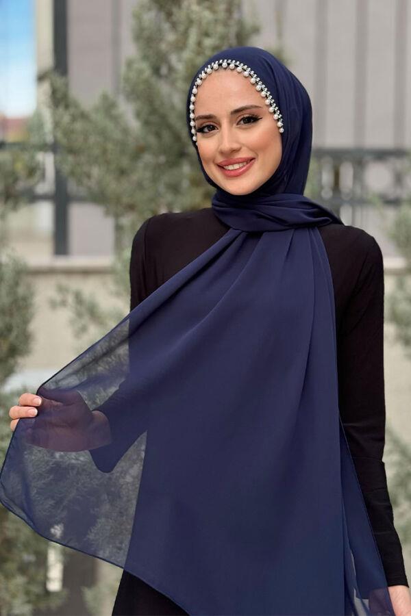 İncili Şifon Şal Lacivert