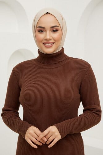 Kahverengi Balıkçı Yaka Triko Kazak 