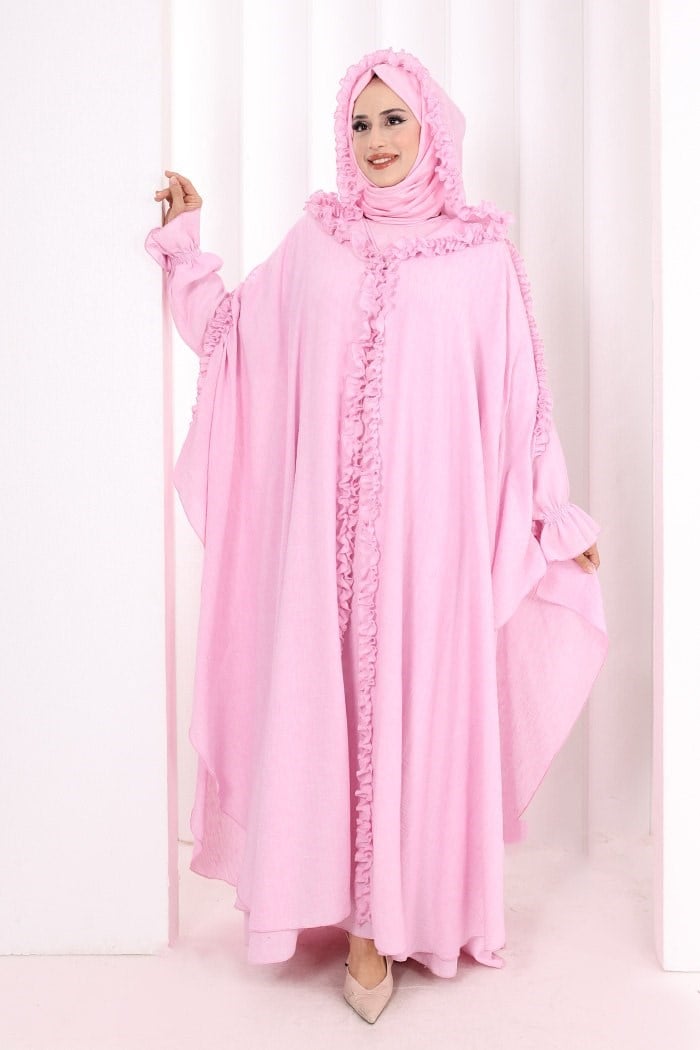Keten Pelerinli Elbise Takım Pembe
