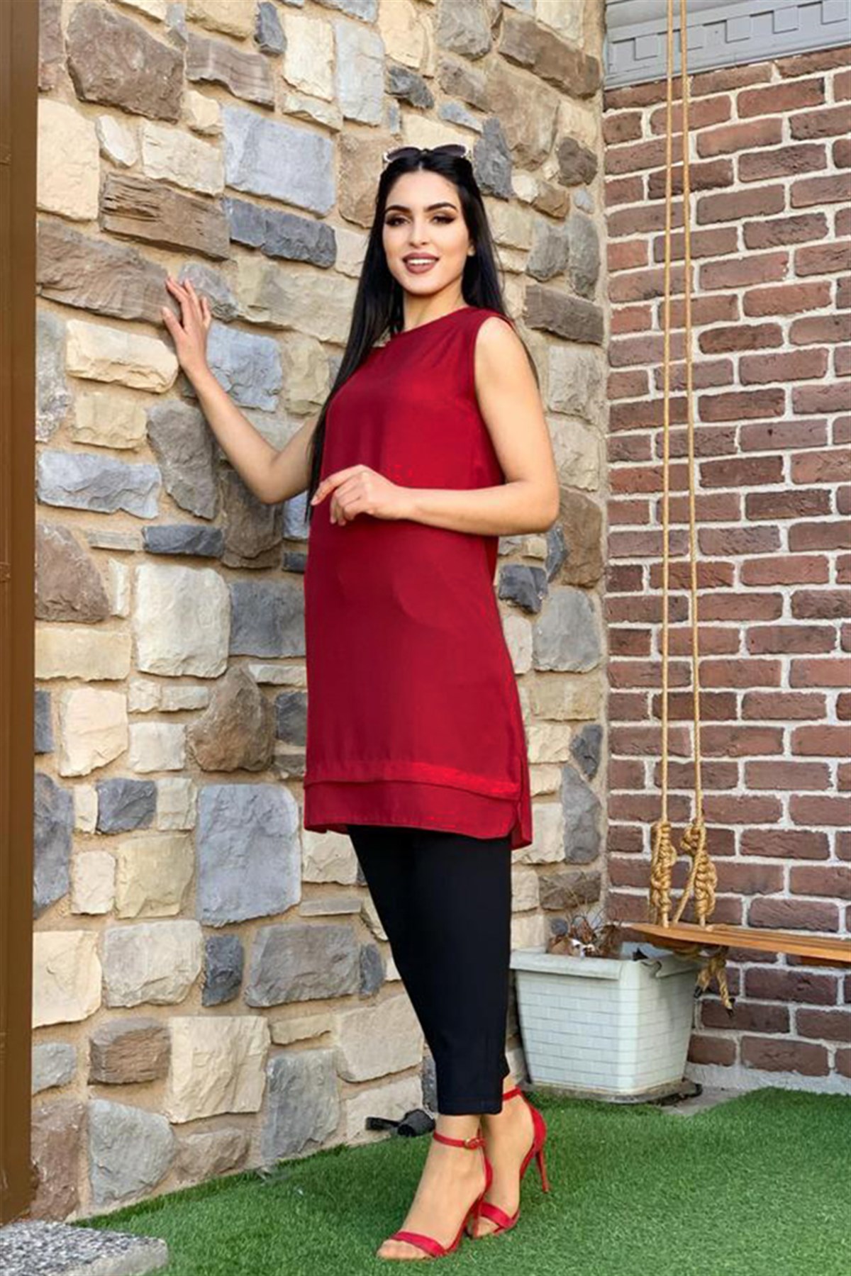 Kırmızı Japone Kol İçlik Tunik 