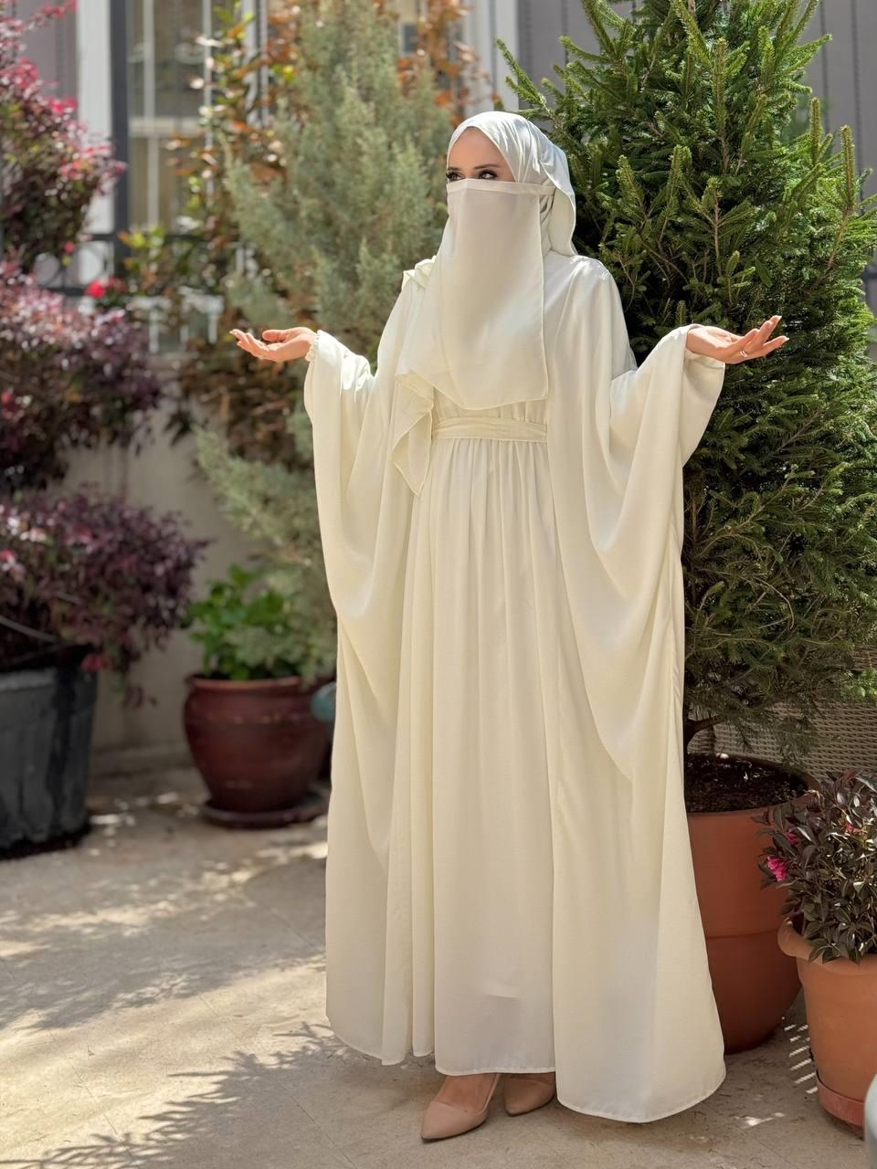 Kuşaklı Peçeli Ve  Şallı Elbise Ekru