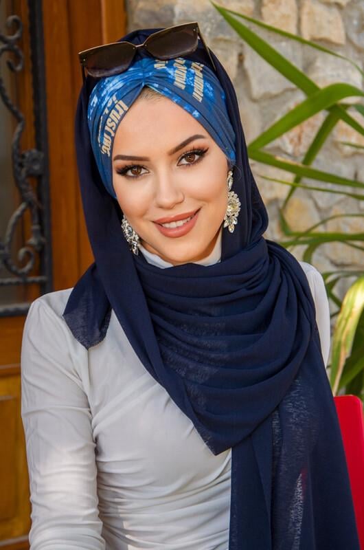 Lacivert Desenli Büzgülü Şal