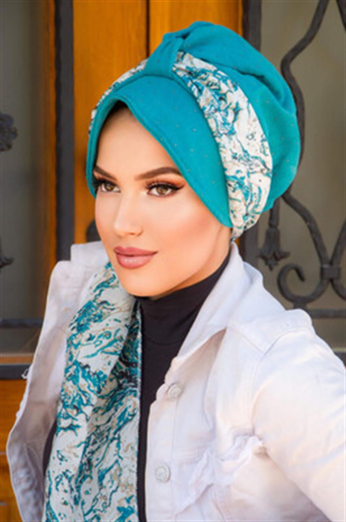 Mavi Ebruli Şapkalı Bone