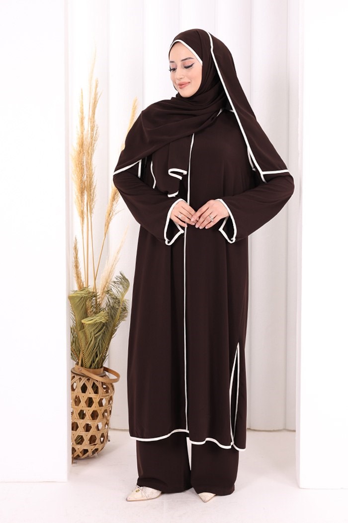 Pantolon Tunik Ve Şal Takım Kahverengi 