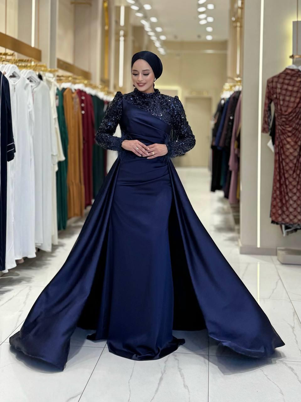 Pul Payet Saten Abiye Lacivert 