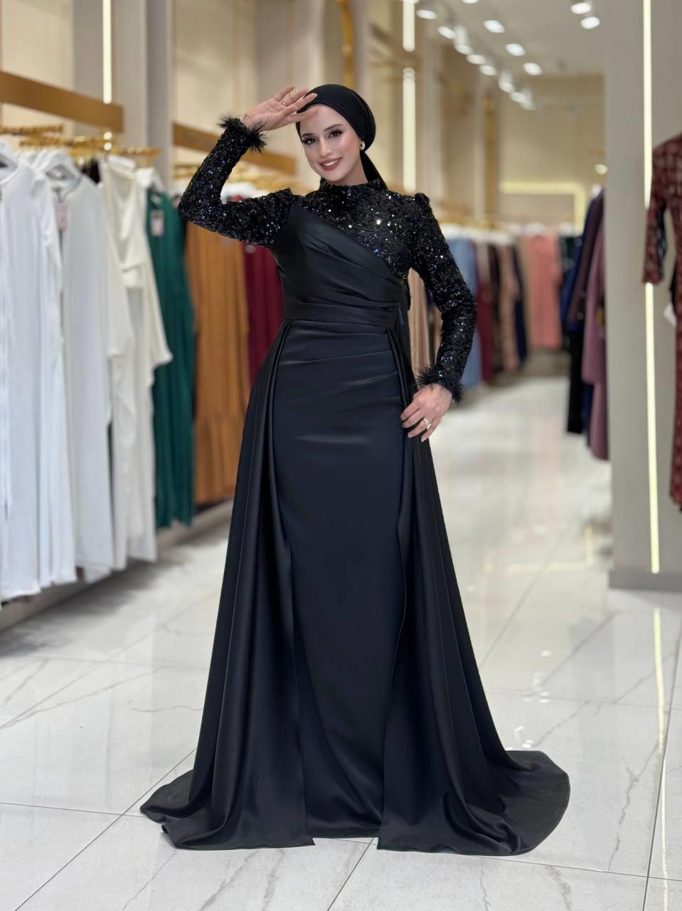 Pul Payet Saten Abiye  Siyah