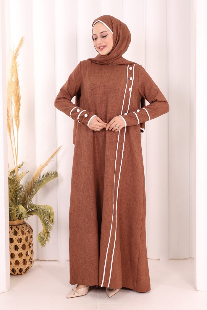 Şeritli  Elbise Takım Taba