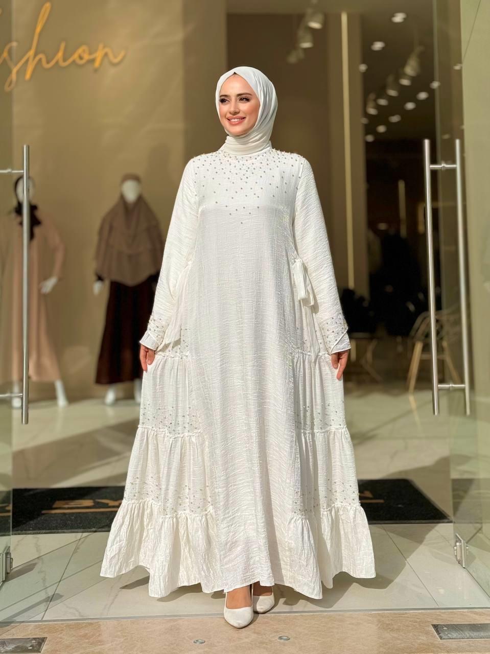 Taş İşlemeli Elbise Beyaz