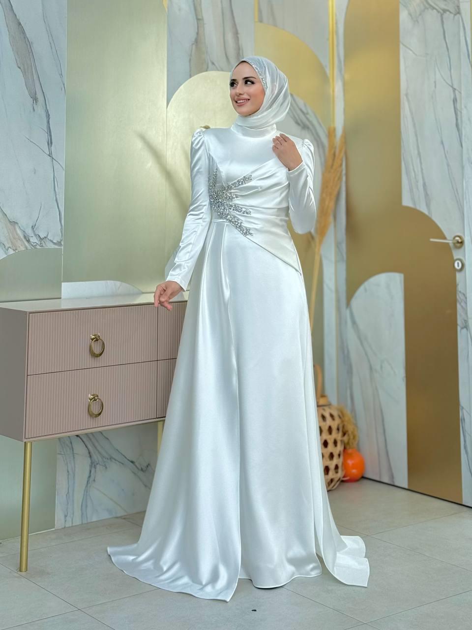 Taşlı Saten Abiye Ekru