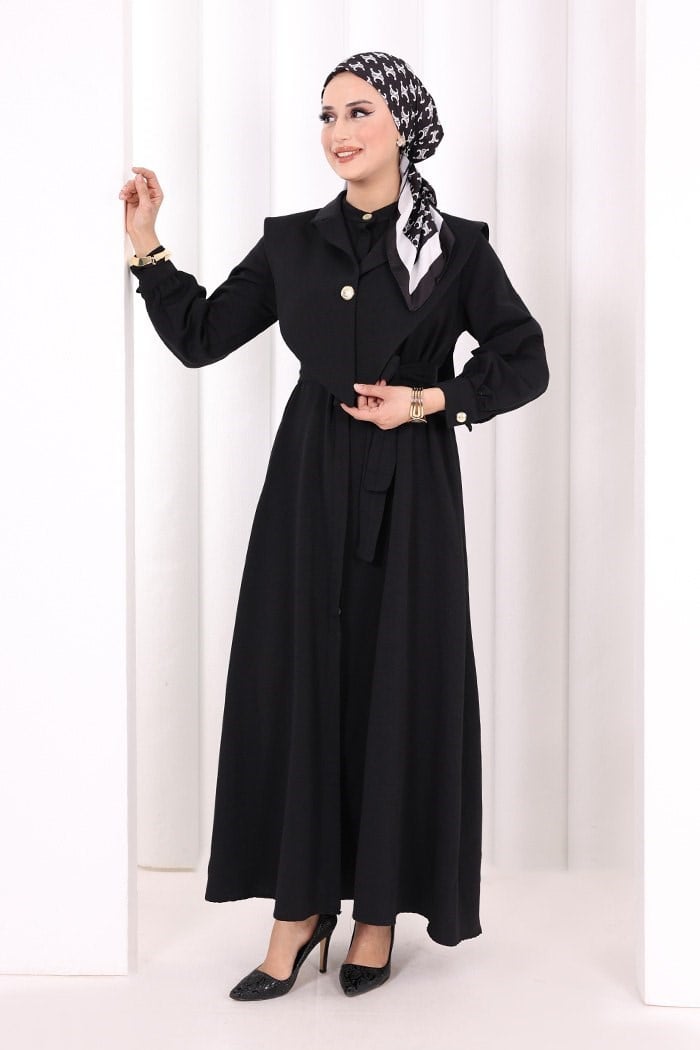 Yaka Detaylı Ferace Elbise Siyah