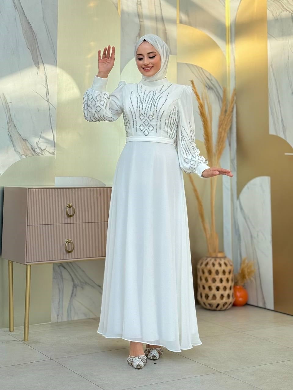  Taşlı Abiye Elbise Ekru