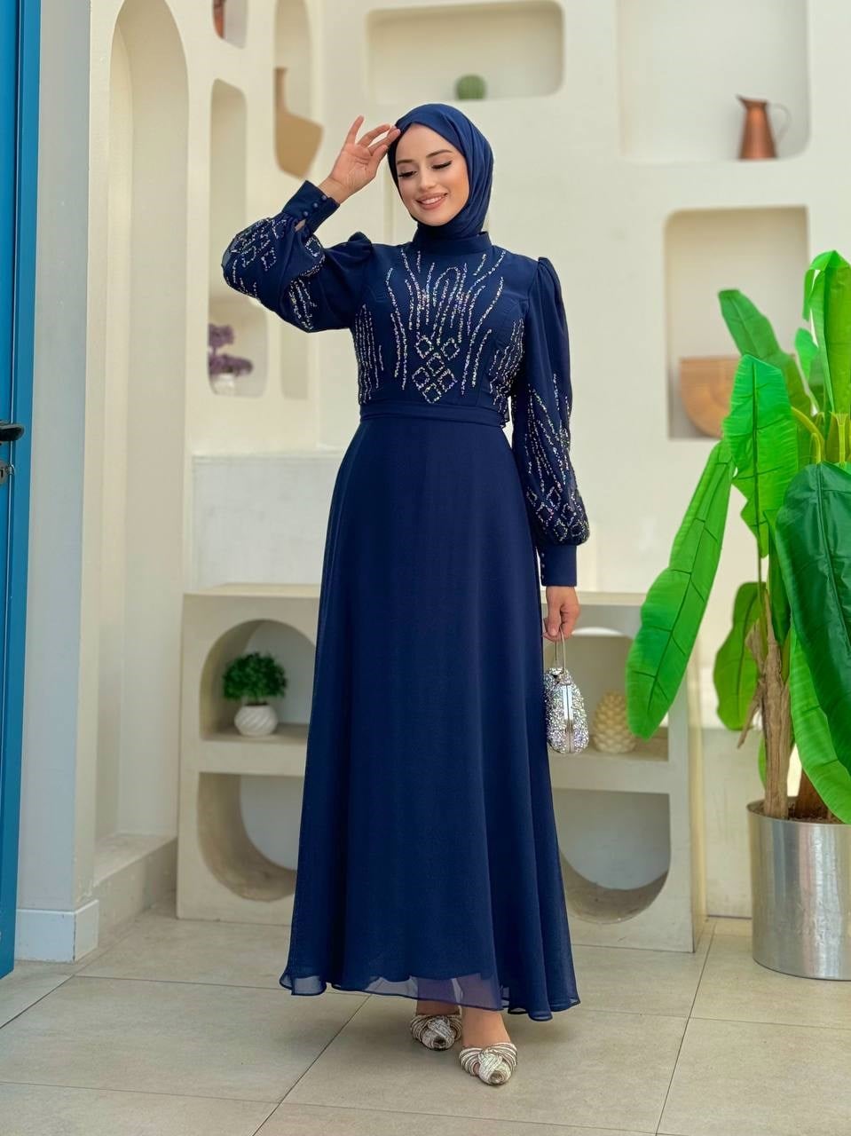  Taşlı Abiye Elbise Lacivert