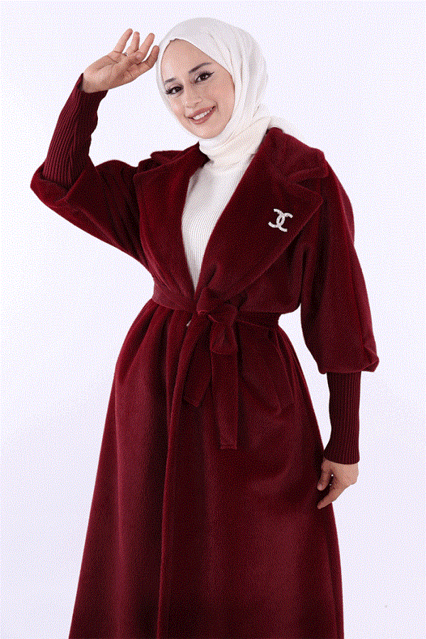 Bronş Detaylı Uzun Kaban Bordo